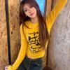 2KWEIRD Tight Yellow Long Sleeve T-shirt For Women Graffiti Print Vintage Street Clothing Slim Undershirt Versatile Top Y2k