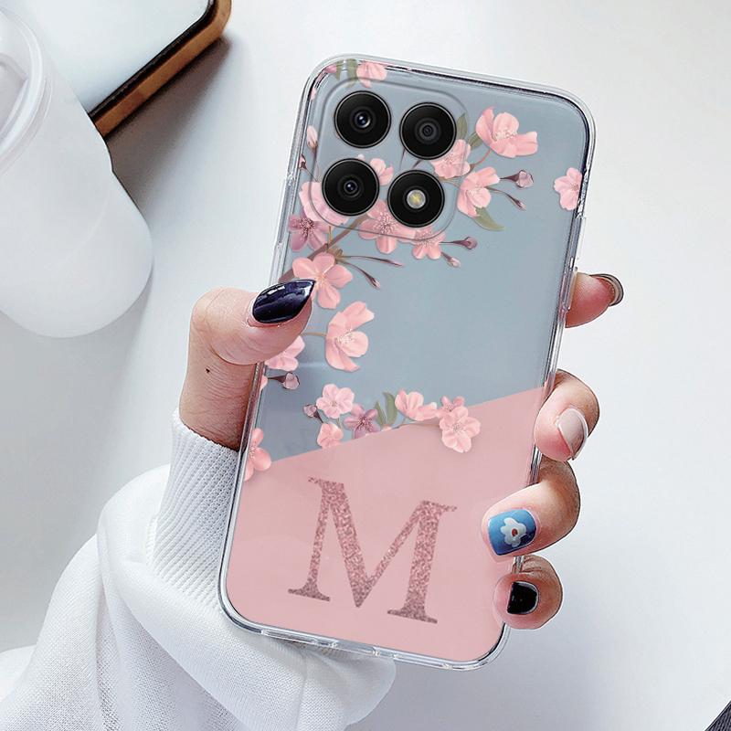 Fashion Pink Flowers Case For Honor X6 X6S 6.5" Back Cover Initial Letter Transparent Soft TPU Fundas For HonorX6 X 6S Coque