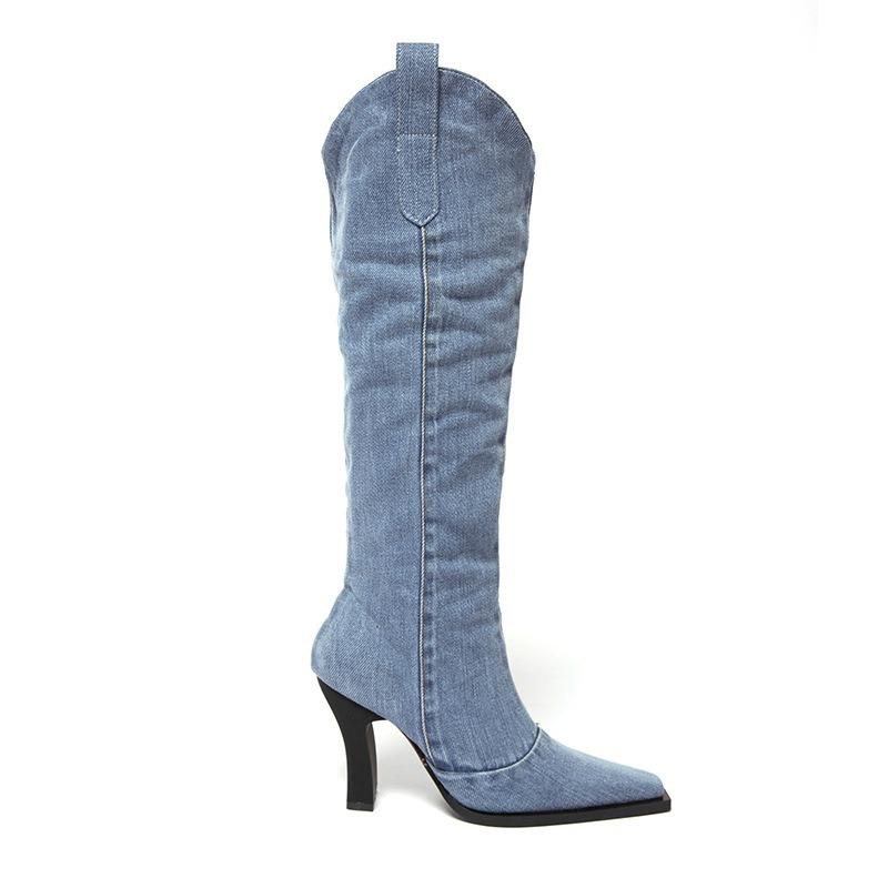 Winter New Square Toe Denim High Heel Fashion Boots 2025 Thick Heel Western Knight Boots for Women