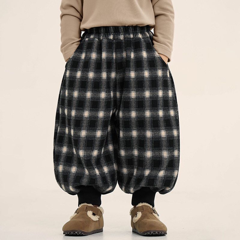 Children s Clothing Boys  Fleece-Lined Trousers Kids Winter Single-Layer Fleece-Lined Gingham Pants Children Thickened Ankle Banded Slacks Black 130