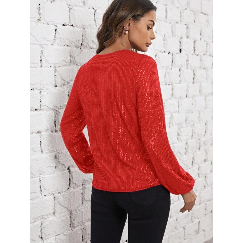 Women Elegant Loose V Neck Long Sleeve Solid Sequin T Shirt Top