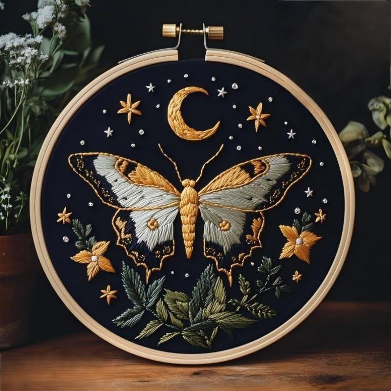 Starry Moon Embroidery KIT- Cross Stitch Kit DIY Needlepoint Including Cloth with Pattern, Hoop, Needles Instruction and Threads