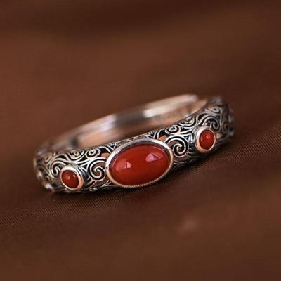 Chinese Retro Openwork Ring with Southern Red Agate