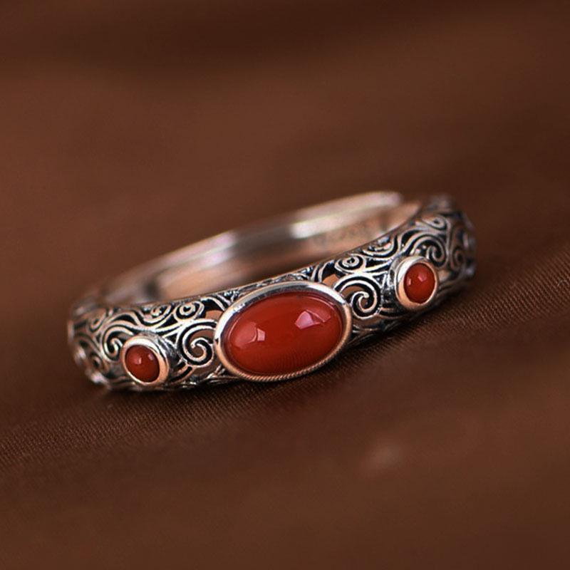 Chinese Retro Openwork Ring with Southern Red Agate