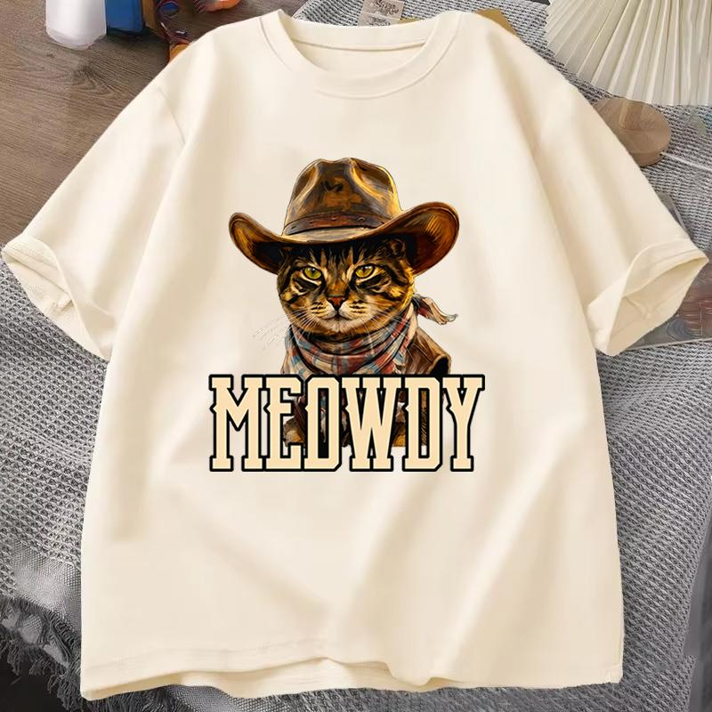 Cat Lover Casual Short Sleeve Tshirt Vintage Western Cowboy Cat Graphic T Shirts Unisex Cat Owner Country Western Casual Tee