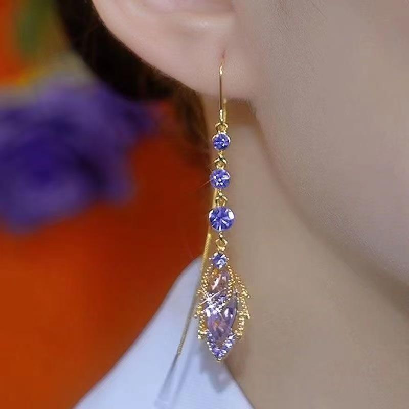Purple Qi Rhinestone Maple Leaf Long Tassel Versatile Earrings