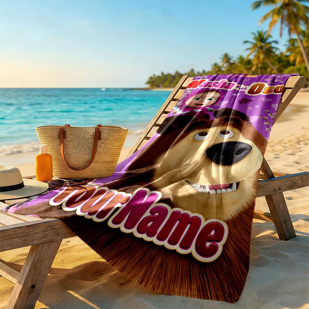 Masha Bear Personalized Text Beach Towel High Absorbency & Quick-Dry Suitable for Swimming Gym Camping Yoga Vacation