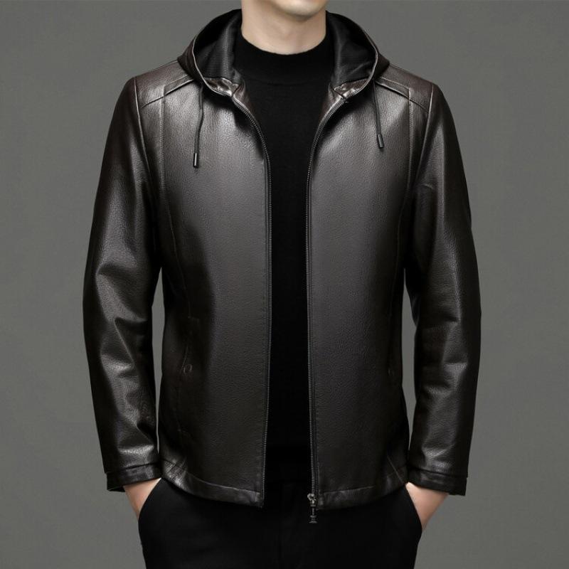 Płaszcz skórzany Męska zimowa, biznesowa, swobodna kurtka w średnim wieku Męska pluszowa, ciepła kurtka z kapturem