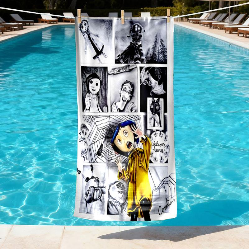 Coraline Print Beach Towel Design, Soft, Lightweight. for Home Bathroom, Spa, Pool, Yoga, Surfing, Camping, Gift for Family, Friend