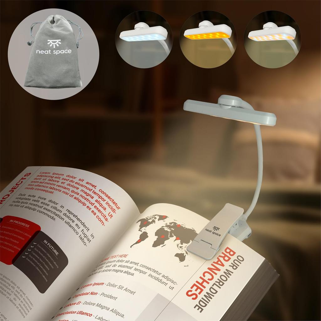 Sauberer SPACE Clip-on Buchlicht, LED Leselicht, Augenfreundlich, 3 Farbtemperatur-Einstellungen, Stufenlose Dimmung, USB Typ-C Wiederaufladbar, 1000mAh