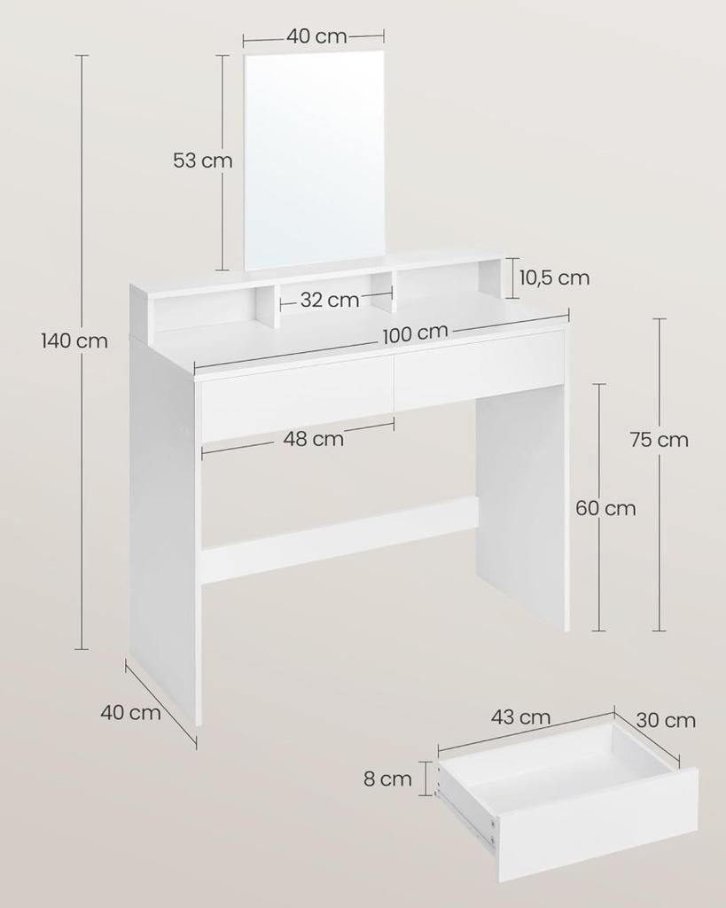 Toilette with large mirror and 2 drawers 3 Open compartments cosmetic table modern white