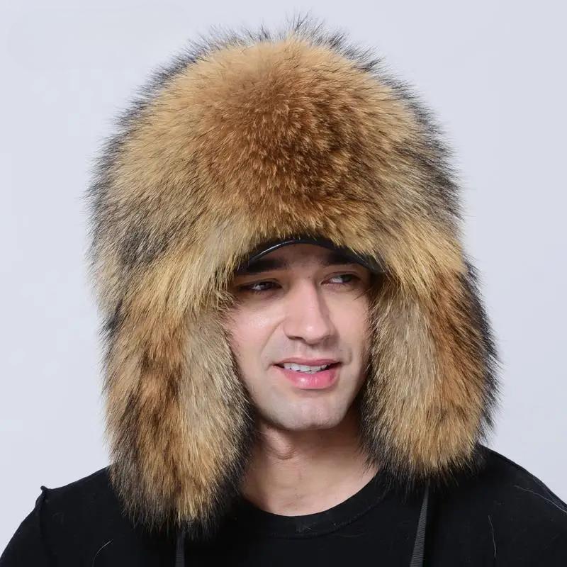 Luxury Men Hat Winter Warm Thick Fluffy Brim Bomber Hat Ushanka Russia Natural Raccoon Fox Fur Trapper Ear Hats