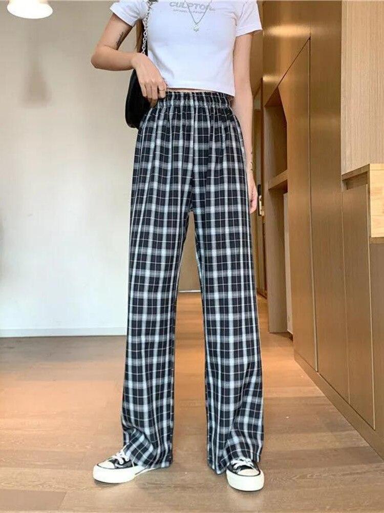 Vintage Plaid Women Pants High Waist Wide Leg Straight Pant Loose Casual Female Trousers Wide Leg Pant Fashion