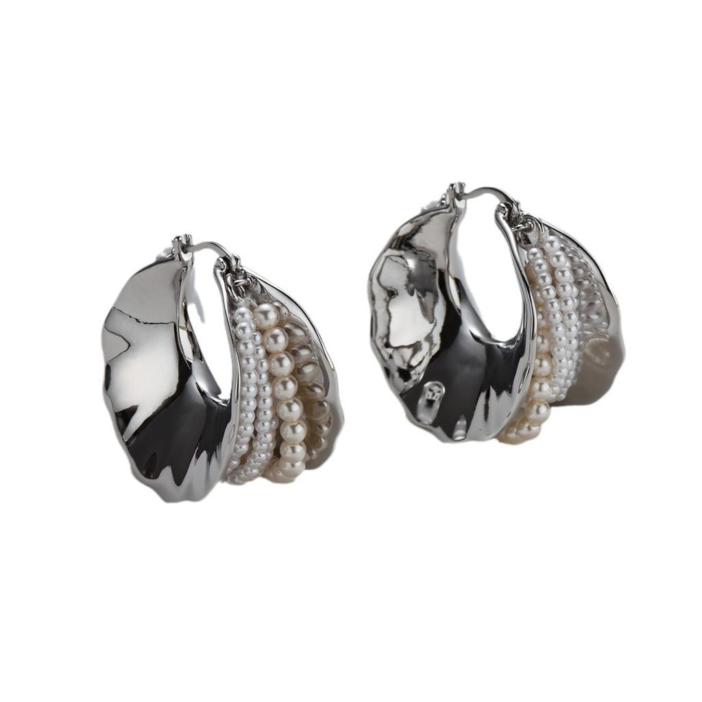 Light Luxury Heavy Industry Silver Texture Circle Pearl Earrings Ear Buckles Niche Design Sense Exaggerated Personality Earrings Women