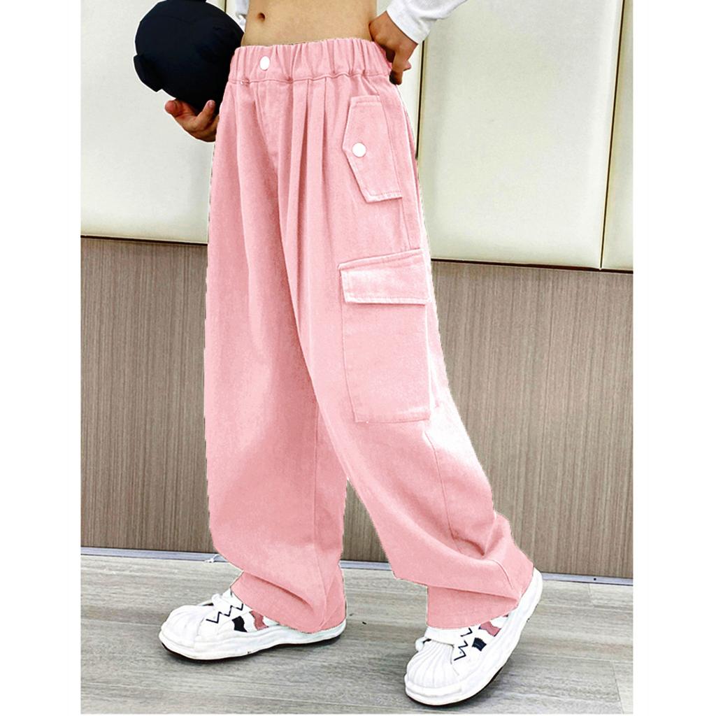 Kids Girls Stylish Clothing Elastic Waistband Cargo Wide Leg Long Pants for Daily Wear