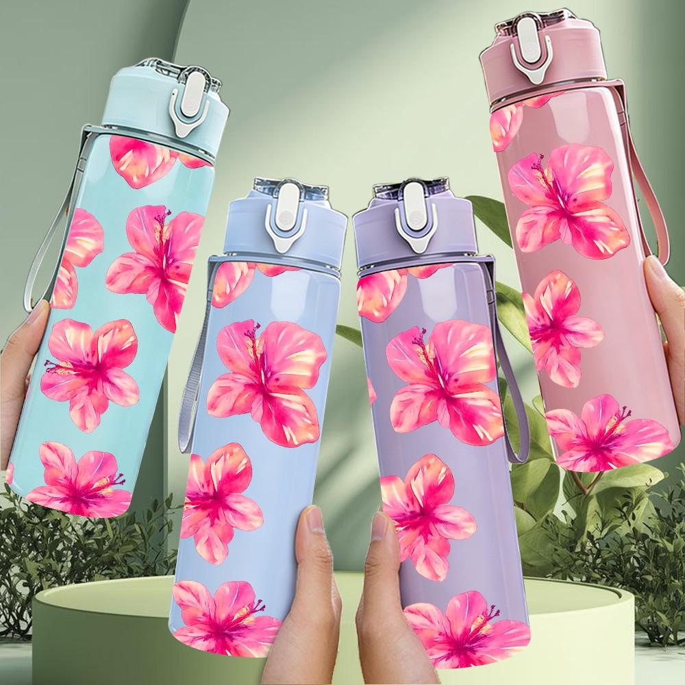 1PC Pink Hibiscus Floral Bloom Print 750ml Color Plastic Sports Water Bottle Leakproof Flip Straw Lid Suitable for Sports Office Home Use