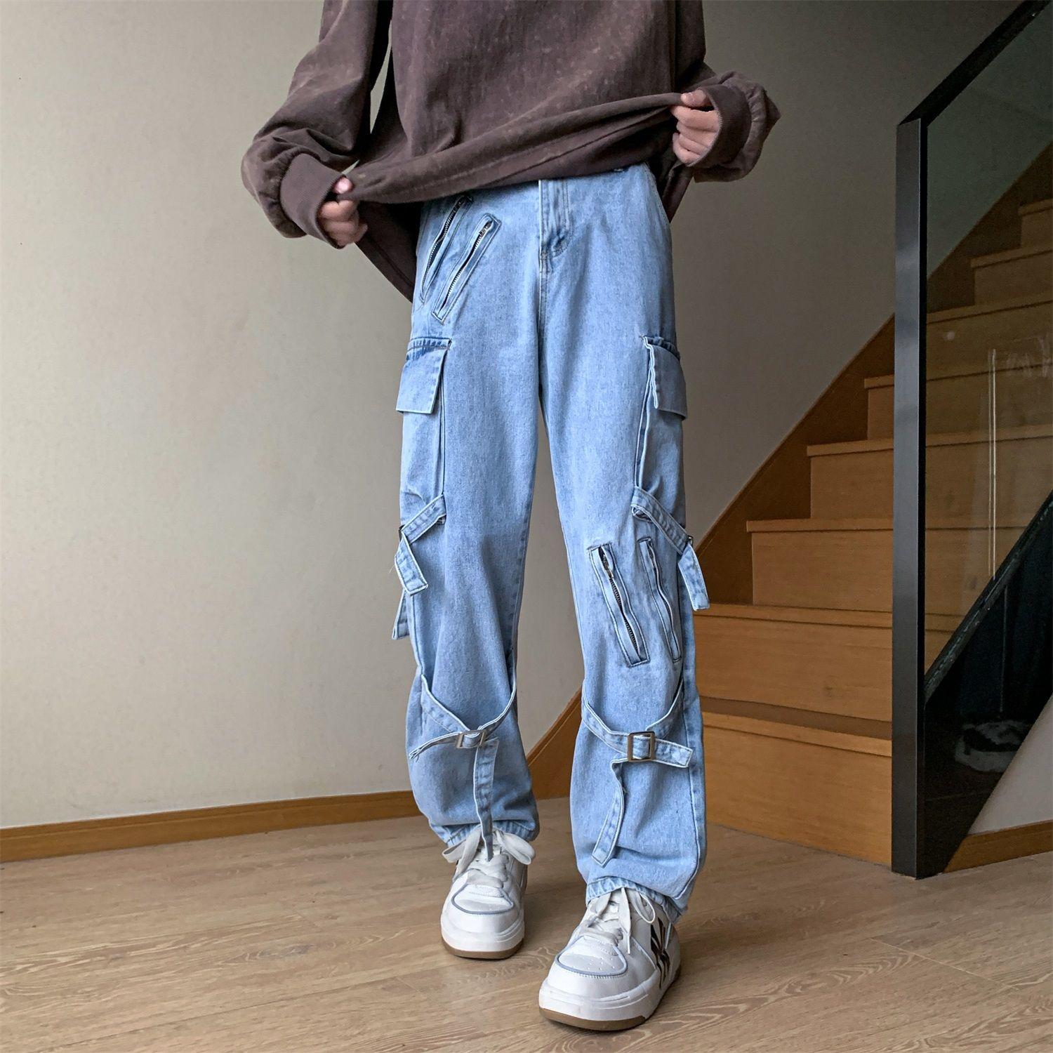 

Чоловічі американські ретро джинси карго Y2K High Street Denim Pants Вільні повсякденні прямі вуличні джинси в стилі хіп-хоп Широкі штани XXL синій