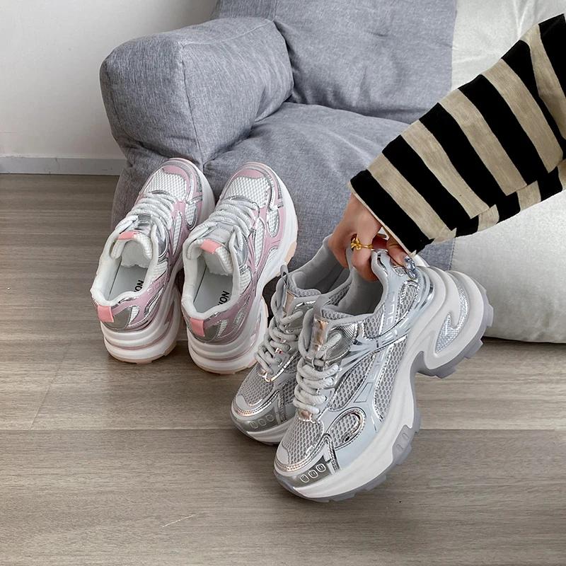 BKQU Sports Shoes for Women Mesh Lace-up Thick-soled Shoes  Spring Breathable Womens Thick-soled Shoes for Women