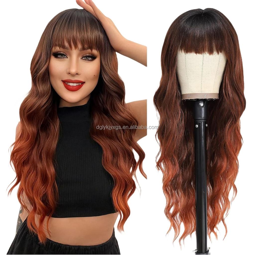 Hot Sales 26Inch Brown Mixed Blonde Wigs with Bangs for Women Wavy Curly Hair Heat Resistant Synthetic Fiber Wigs Women Hair