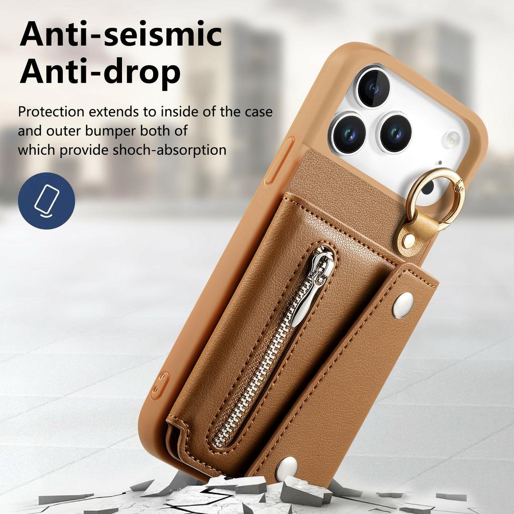 For iPhone 17 Pro Max Case D-Ring Holder Leather + PC + TPU Phone Cover with Wallet Kickstand