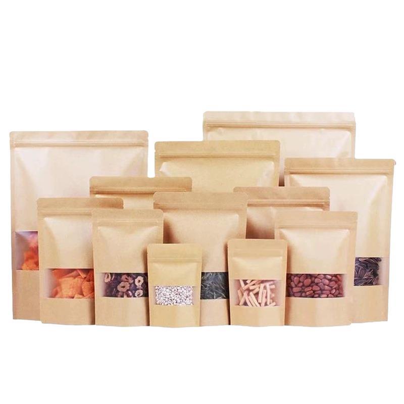 50/100pcs kraft paper zipper lock window bag brown re-sealable stand-up pouch coffee bean wedding festival food packaging