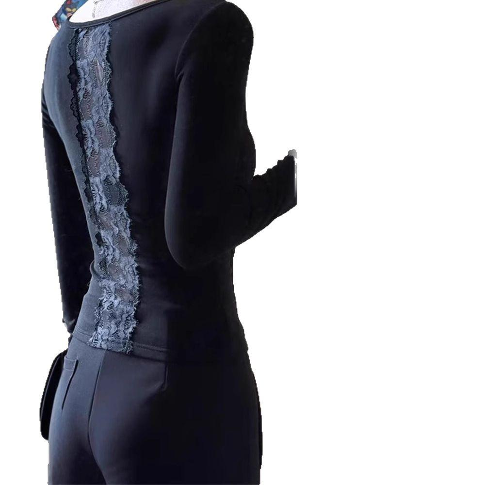 Elegantes Damen Frühlings Spitzen-Patchwork V-Ausschnitt Langarmshirt