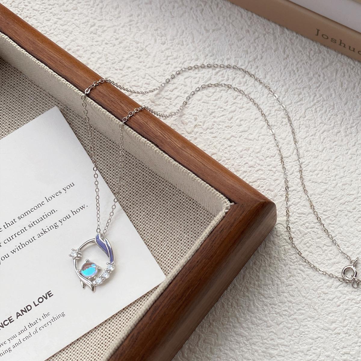 Sterling Silver Chang an Youmeng Necklace with Enamel, Moonstone, and Fishtail Design - Clavicle Chain Gift for Women Sterling Silver