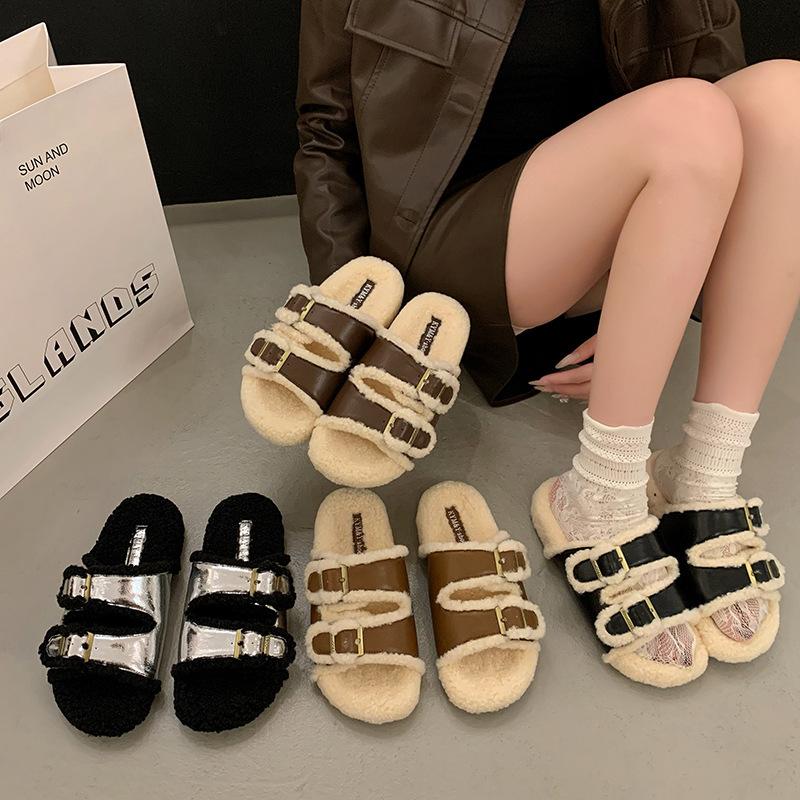 [Uncle Shoes] Birkenstock's new 2025 going out, fluffy cotton slippers, thick-soled fluffy slippers, women's outer wear retro home
