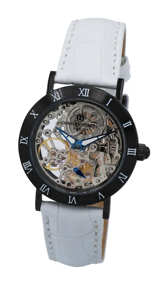 Charles Hubert 6790-BW Men's Mechanical Hand-Wound Skeleton Watch, White