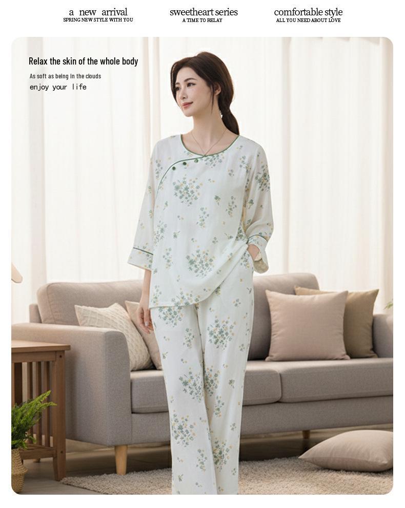 Baumwoll-Bambus-Pyjama mit neun Ärmeln für Damen - Kühl, lockere Passform für Frühling/Sommer, für drinnen und draußen