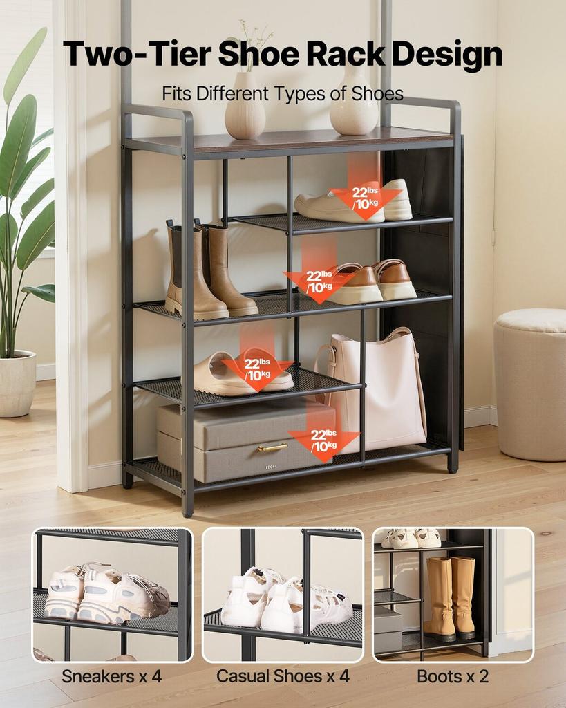 Hall Tree, 1800 mm Coat Rack with Shoe Storage, Freestanding 4-Tier Shoe Rack Organizer with Hooks, Side Pocket and Wire Shelf, Steel Frame Entrance
