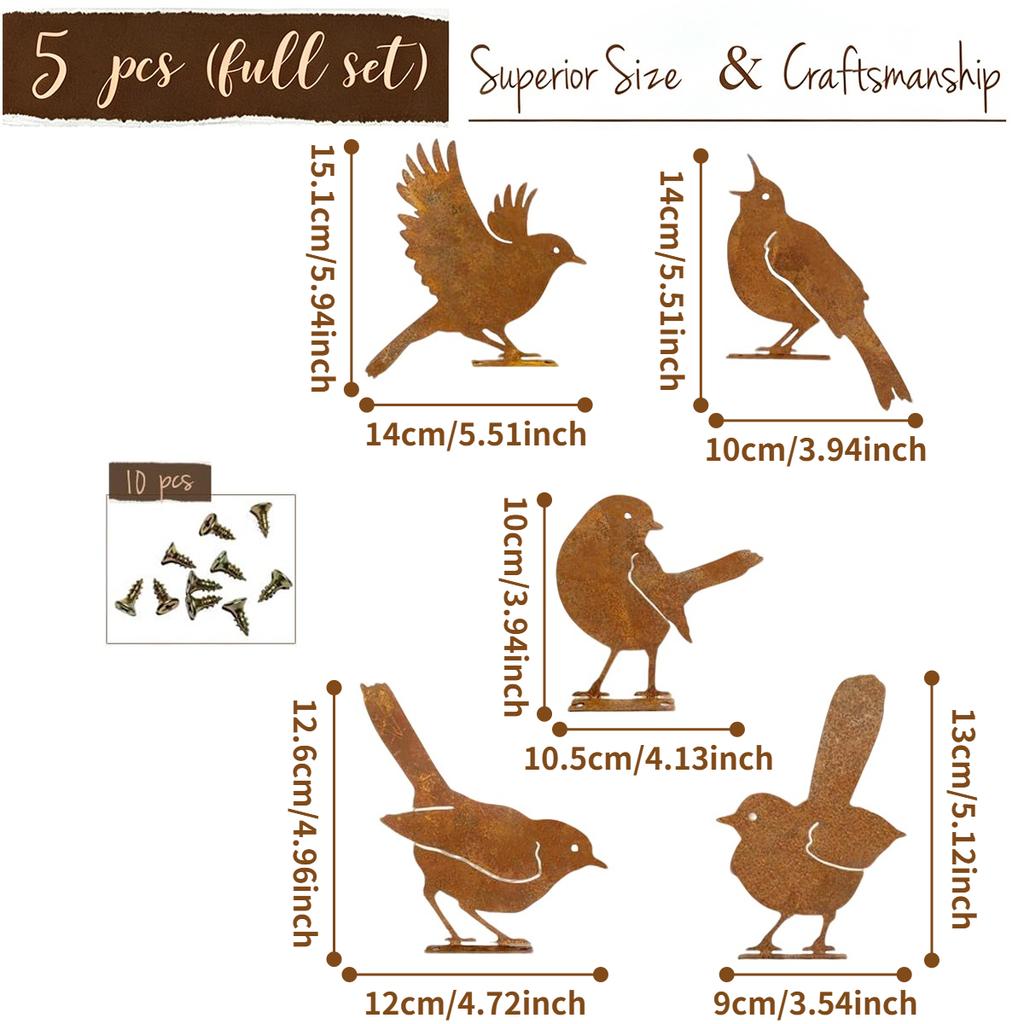 5PCS Rusty Birds Decoration, Wall Fence Hummingbirds Craft Statue Ornaments,Garden Sculptures and Yard Art,Rustic Garden Farmhouse Decor,