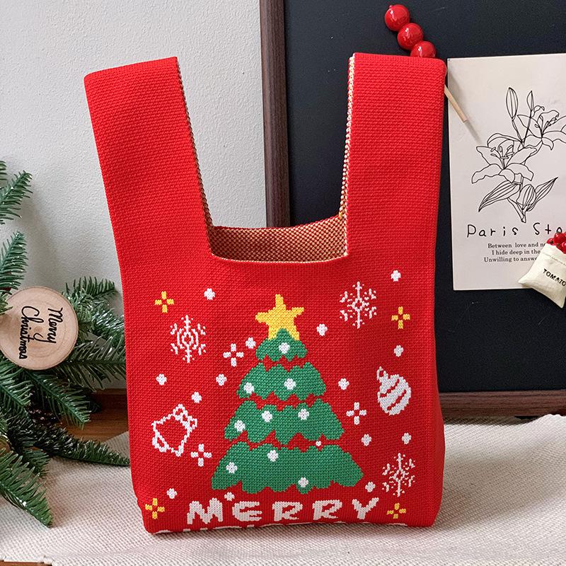 Christmas Holiday Themed Spandex Tote Bag -Large Capacity Knitted Gift Bags with Santa and Tree Patterns for Festive Gift Giving