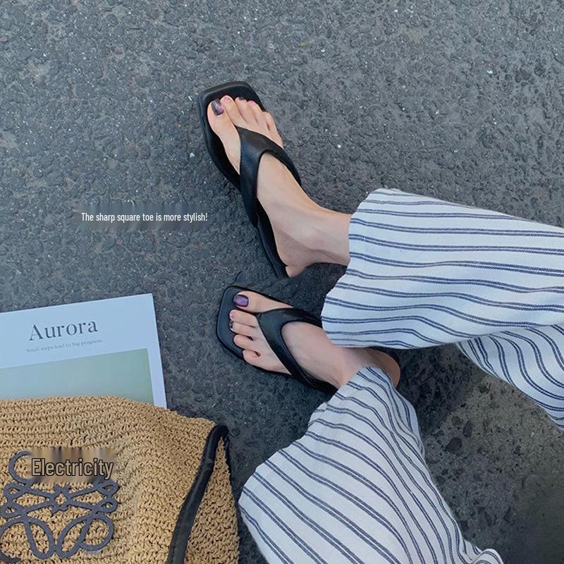 Korean Style Women's Square Toe Non-Slip Summer Sandals - Casual French Thong Flip-Flops for Outdoor Wear