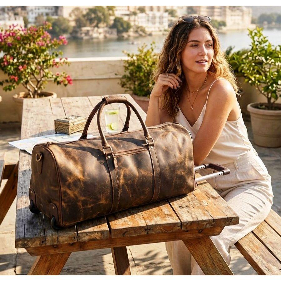 Geantă de călătorie pentru bărbați din piele de bivol de 24 inch, vintage din piele naturală