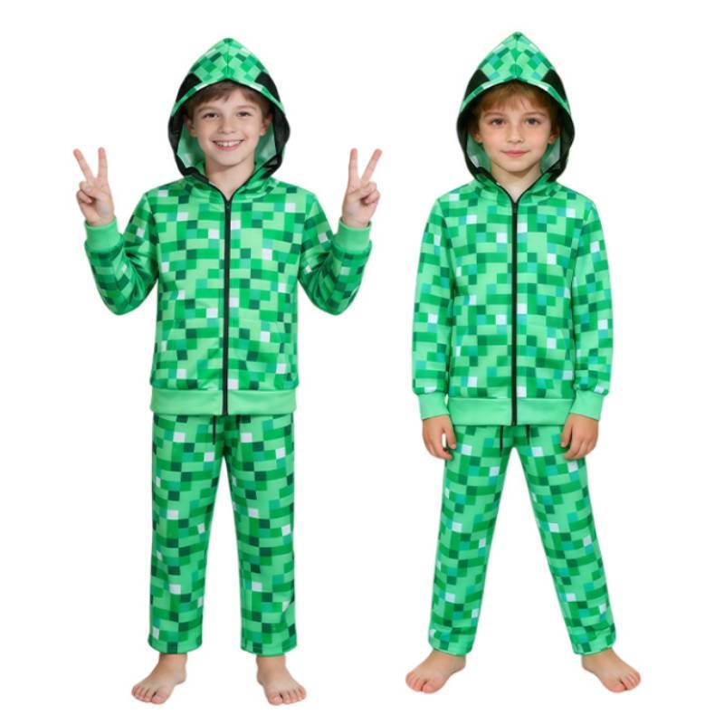 Minecraft Creeper Kids Hoodie And Pants Set With Polyester Fabric For Cosplay And Casual Wear
