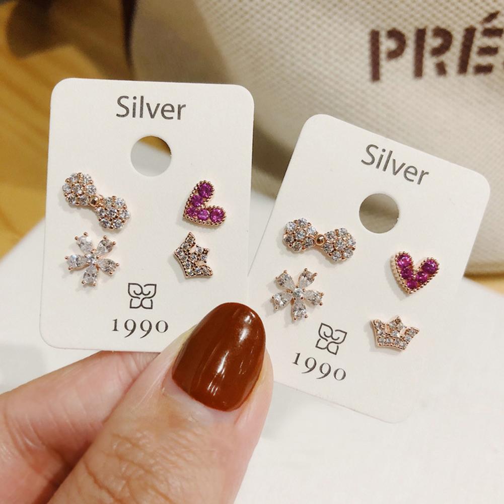 4 Pcs/set Fashion Simple Bowknot Crown Heart-shaped Flower Ear Studs Set