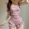 Pink Plaid Bow One-piece Swimsuit Pure Desire Style Student Conservative Meat Cover and Thin Soak In Hot Spring Vacation