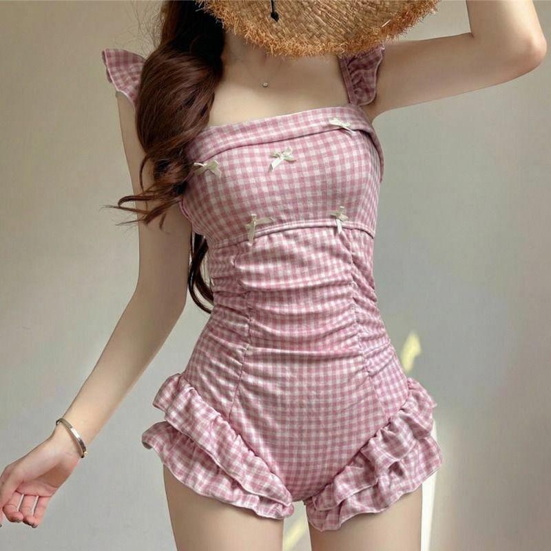 Pink Plaid Bow One-piece Swimsuit Pure Desire Style Student Conservative Meat Cover and Thin Soak In Hot Spring Vacation
