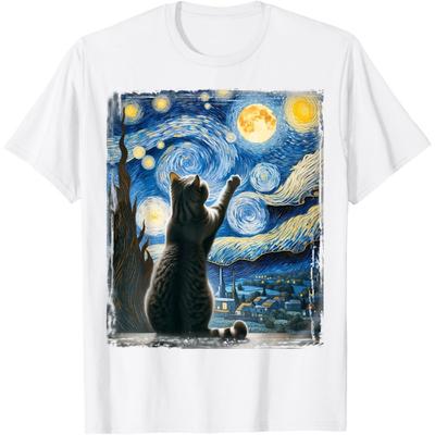 Van Gogh Starry Night Style Artistic British Shorthair Cat Men Women Kids T-Shirt