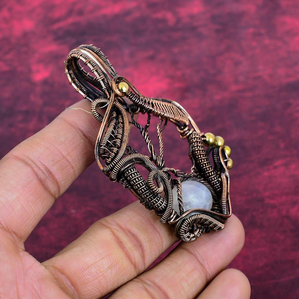 Tree Of Life Rainbow Moonstone Gemstone Pendant Copper Wire Wrapped Antique Jewelry