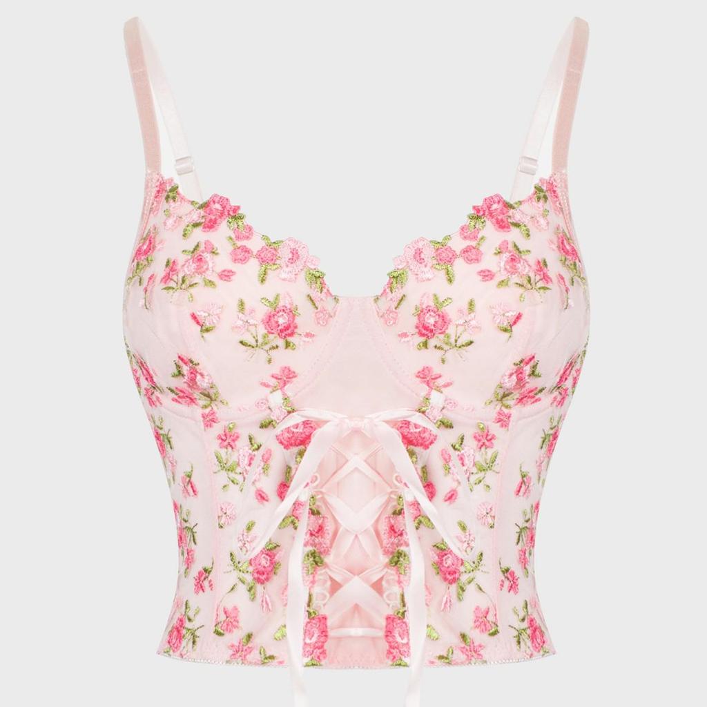 Pink Floral Tie-Up Corset Camisole Tank Top