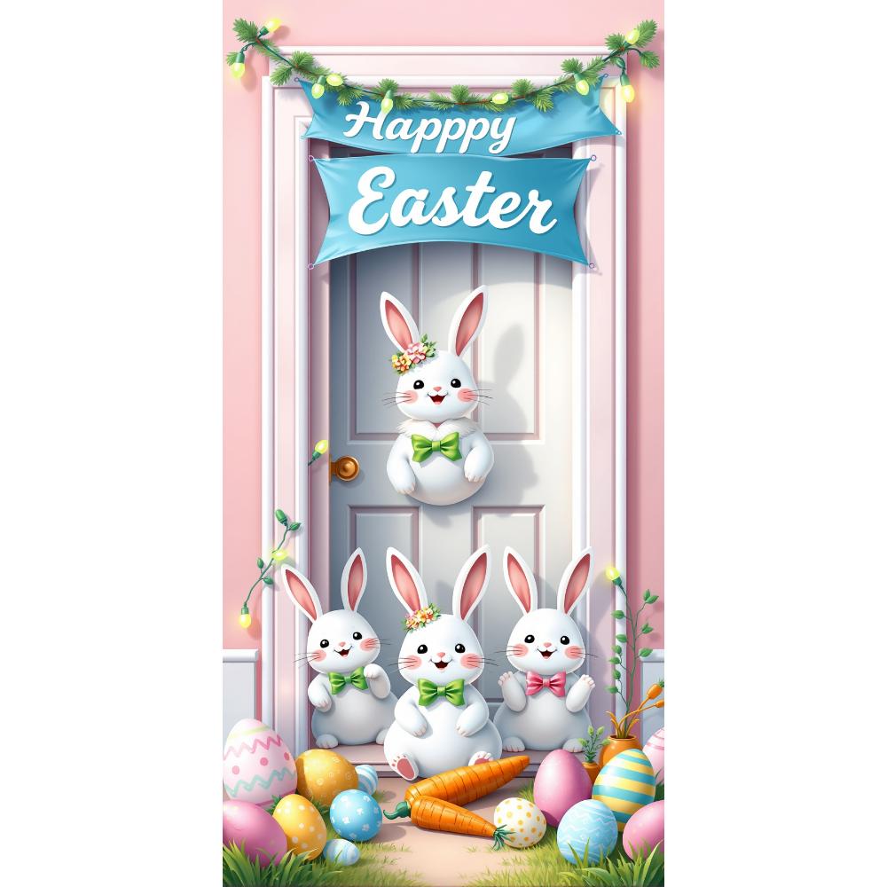Happy Easter Door Cover Funny Bunny Lining for Doors Easter Spring Colorful Eggs Rabbit Flower Backdrop Home Door Decoration New