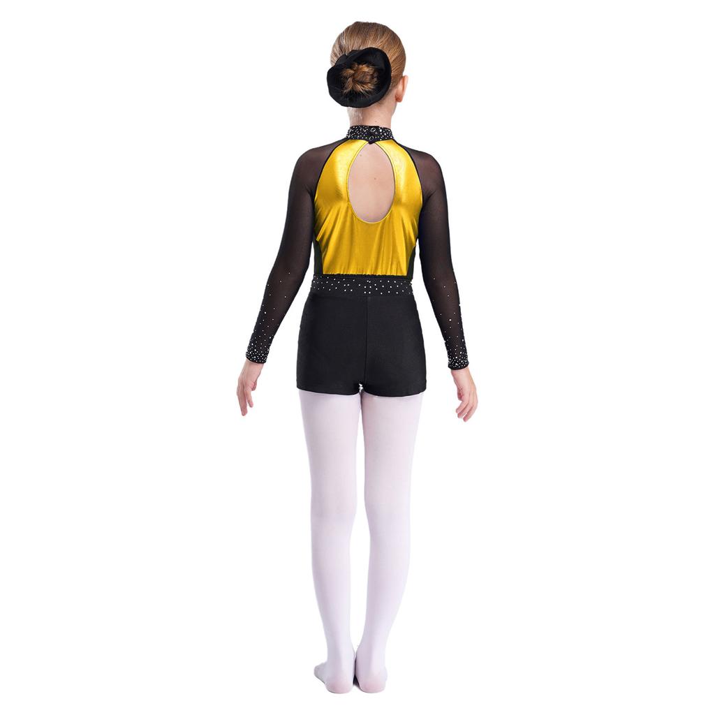 Mädchen Mesh Langarm Turnanzug Strass Shorts Kopfschmuck Gymnastik Tanz Performance Set