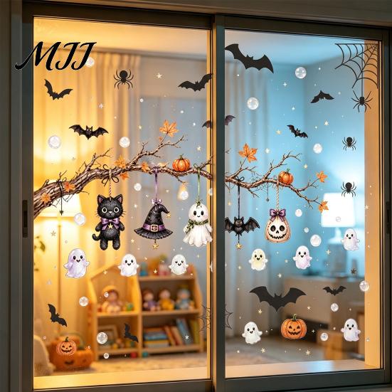 Horror Themed Window Accents 2 Sheets Halloween Stickers, Bat Spider Web Static Cling Decals, Indoor Outdoor Holiday Supplies Ghost Pumpkin Waterproof