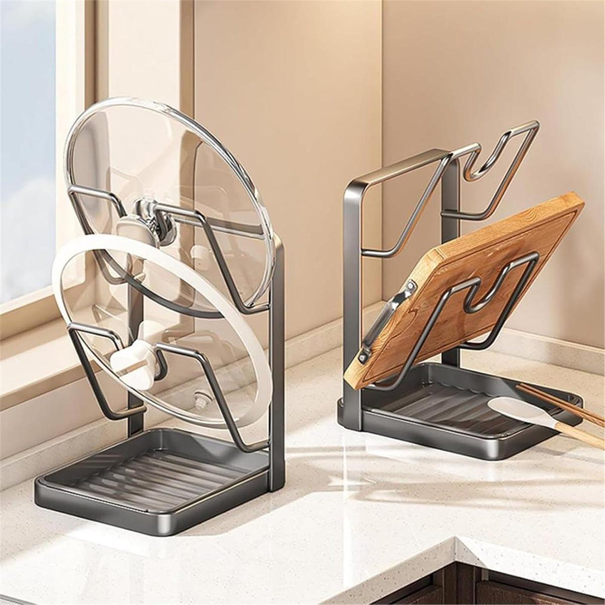 

2026 New Kitchen Pot Lid Storage Rack, Multifunctional Pot and Pan Organizer with Drain Tray, Countertop Lid and Spoon Holder China Mainland