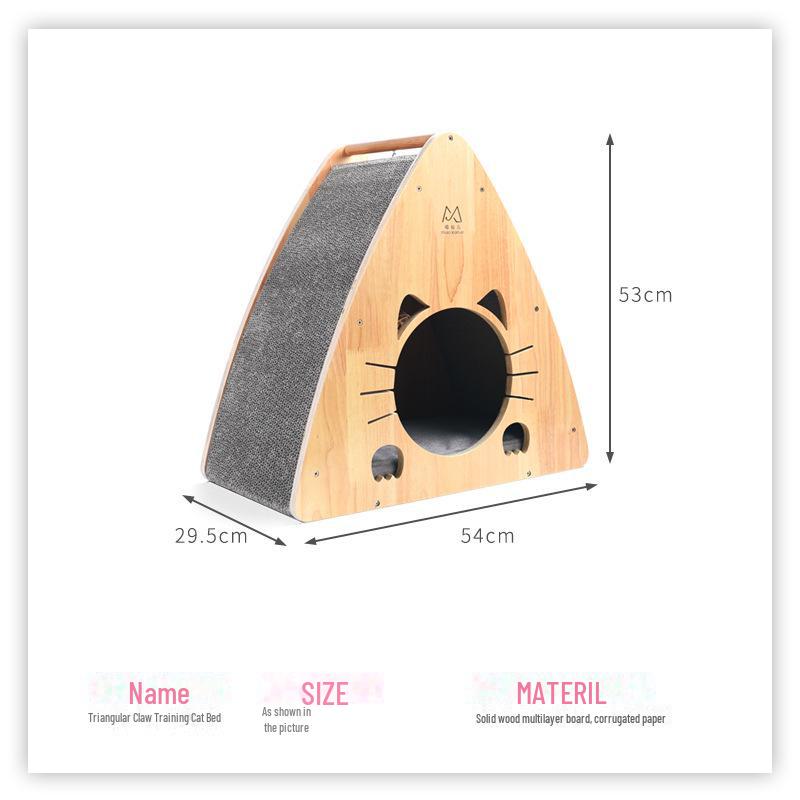 Triangular Solid Wood Cat Scratching Bed with Corrugated Paper and Toys