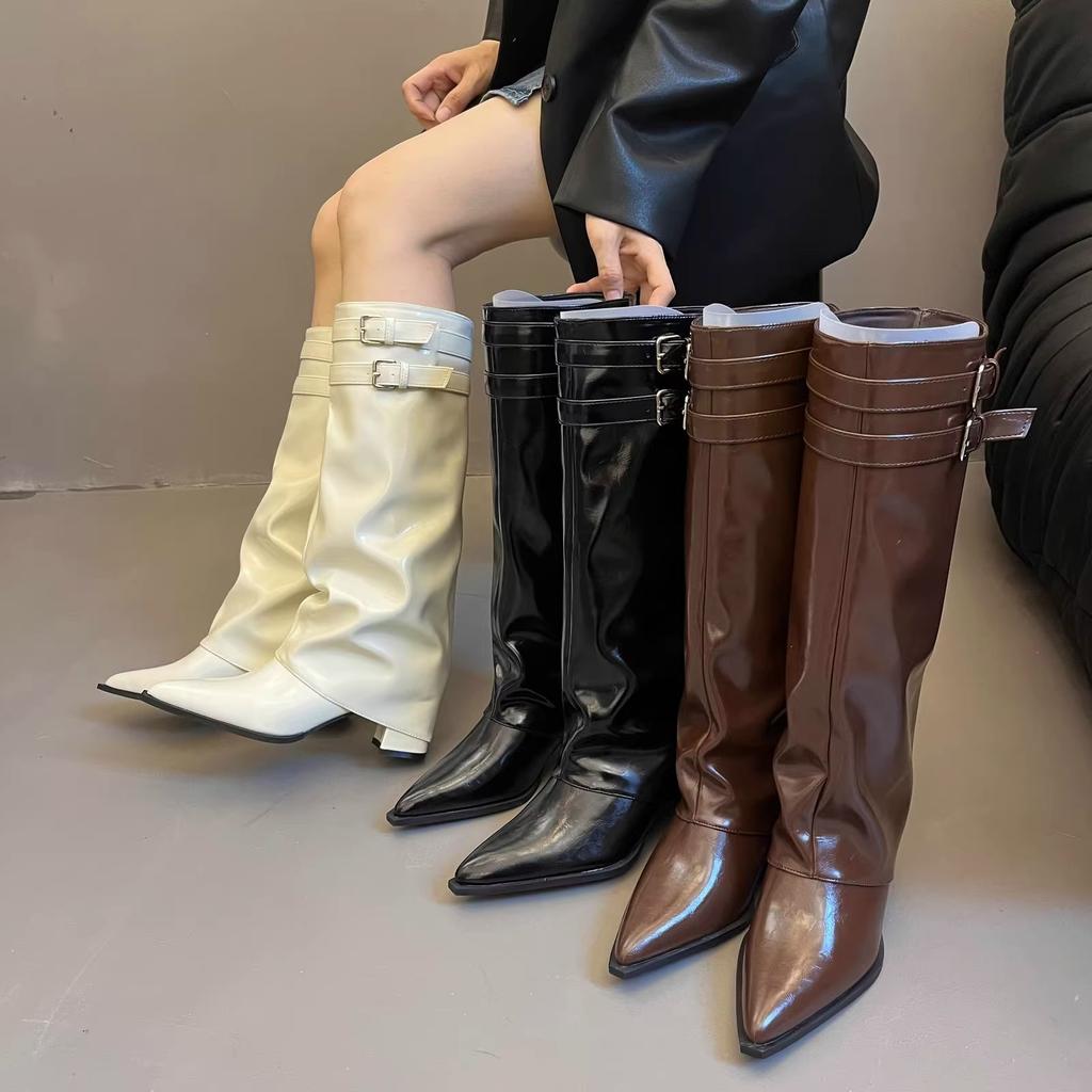 Mode Neuer Stil Damenmode Spitzzehe Schnallenriemen Damen Kniehohe Stiefel Streetstyle Dünne Niedrige Absätze Party Winter Damenschuhe