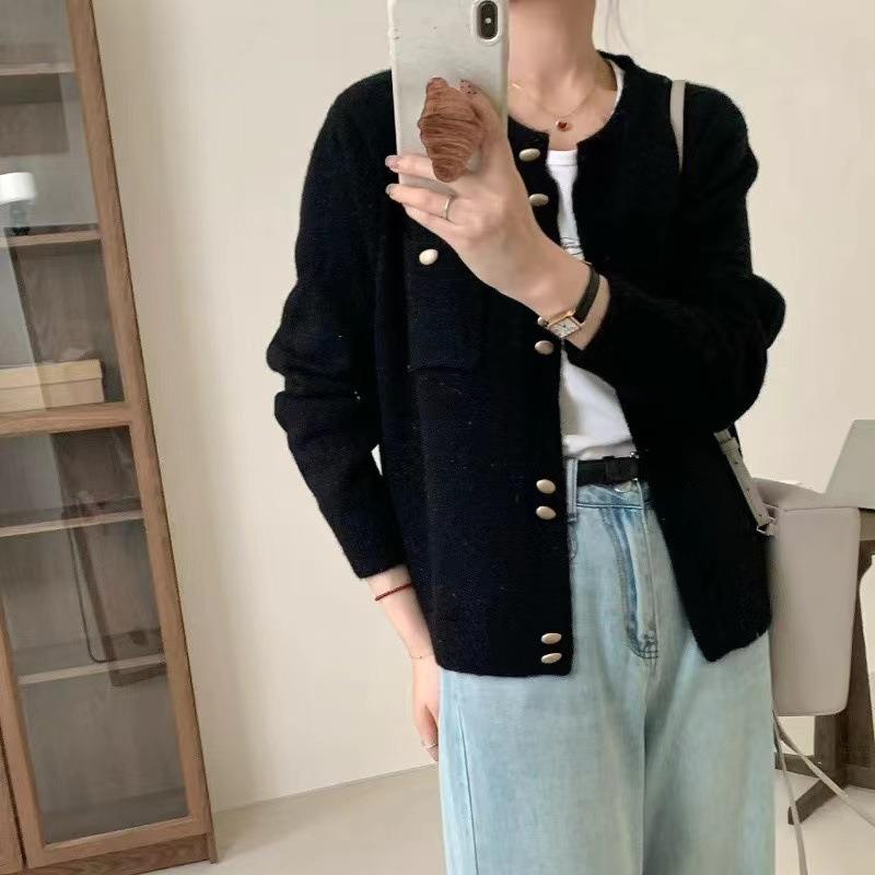 

Настоящая осенне-зимняя новинка, нежный ветер, двубортный дизайн, карманный вязаный кардиган, женский однотонный свитер-жакет с круглым вырезом average size