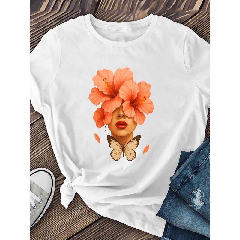 Womens 2026 New Flower-like Woman Print Tee Butterfly Floral Design Round Neck Short Sleeve Soft Breathable Stretch Polyester Machine Washable